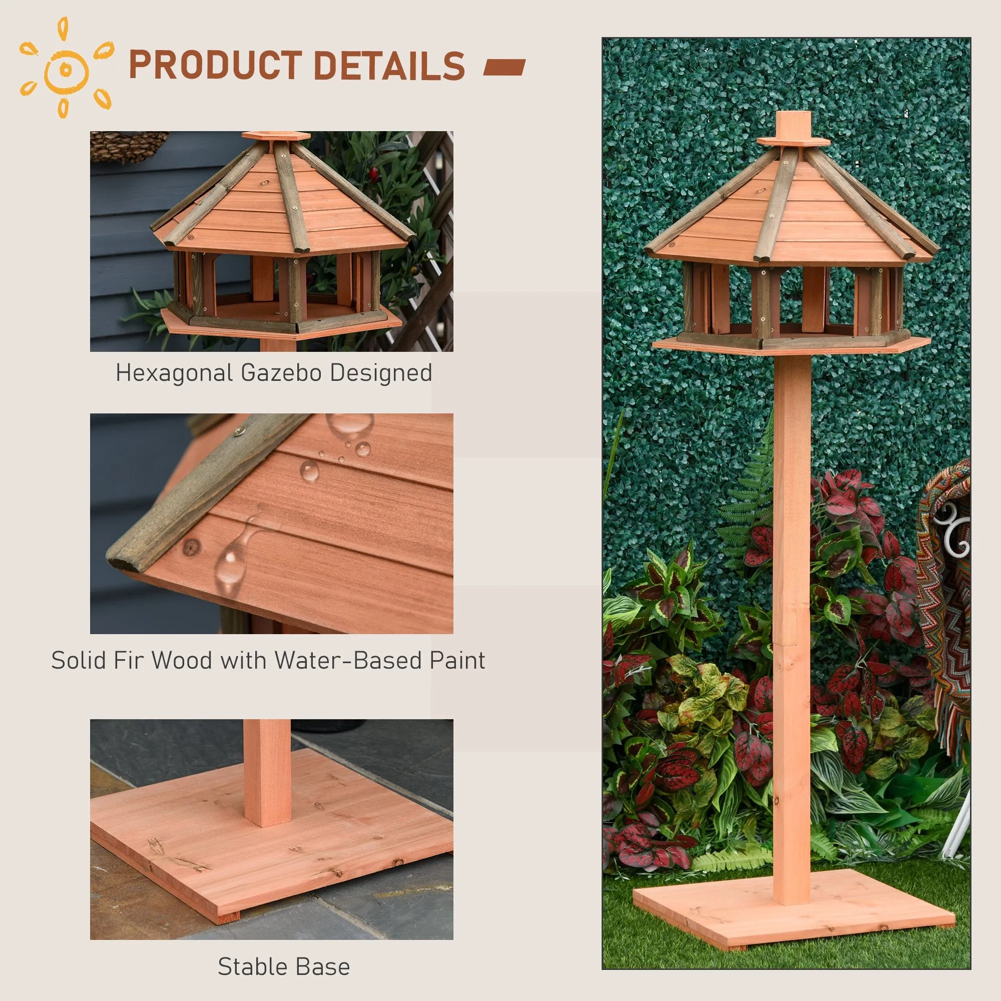 Wooden Bird Feeder Bird Table Bird House Playstand with Roof 130cm for Outside Use Brown