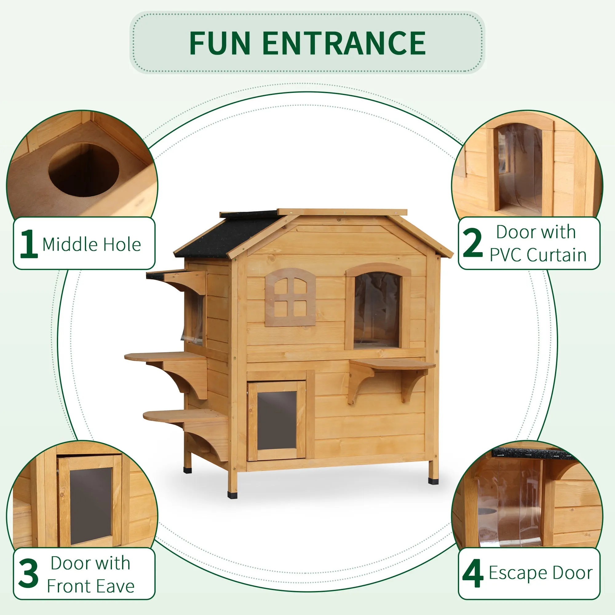 Wooden Cat House Condos Cat Cave Pet Shelter 2 Floor Villa Outdoor Furniture Natural Wood Finish