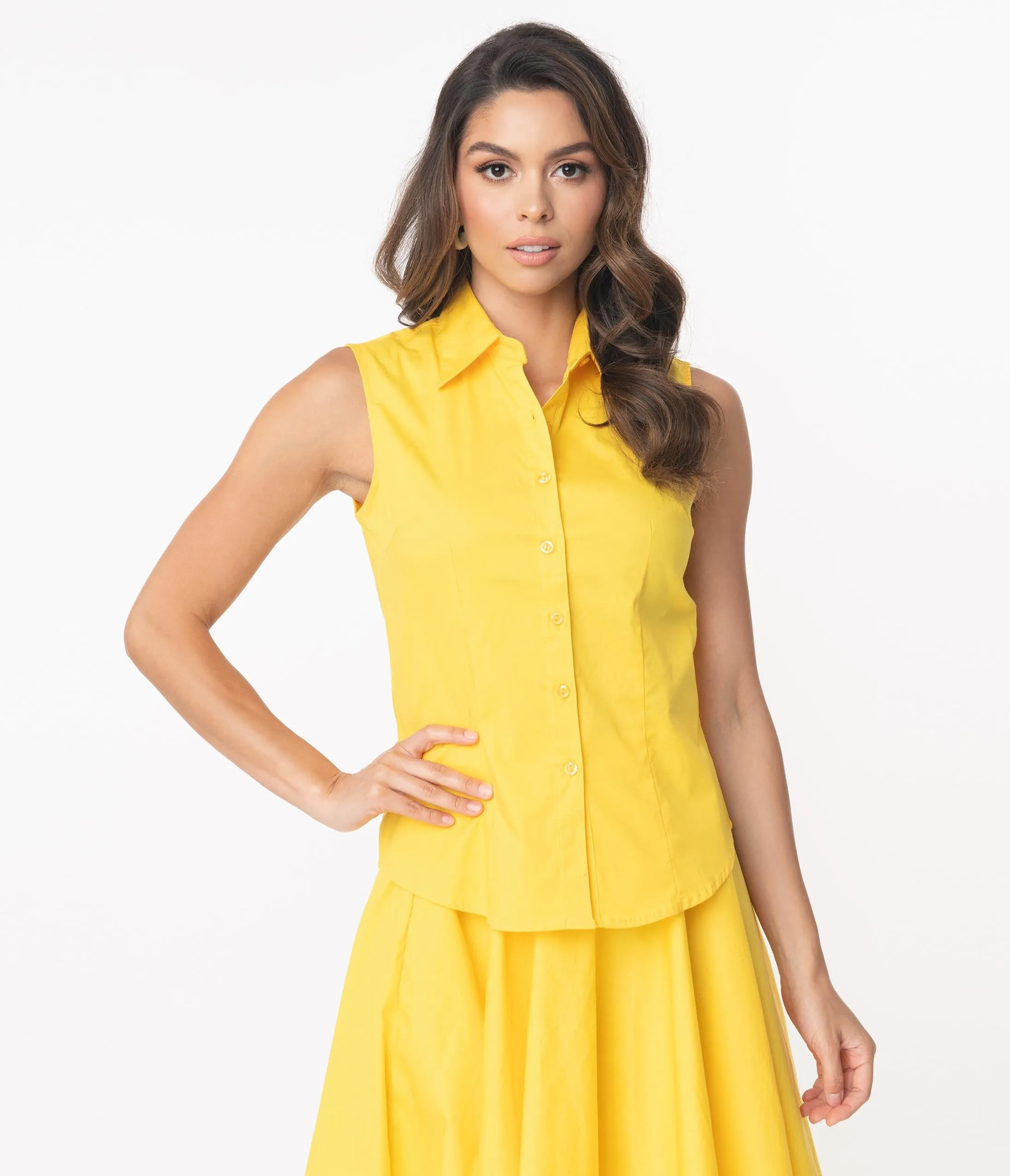 Yellow Sleeveless Collared Cotton Button Up Blouse